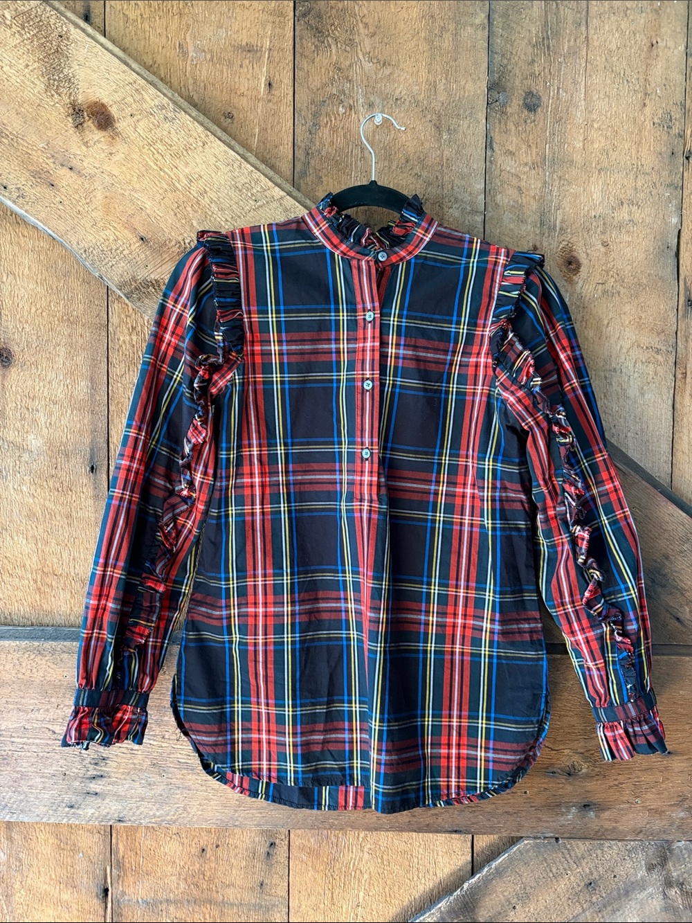 J. Crew Red and Navy Plaid Ruffle-Trim Button-Front Blouse